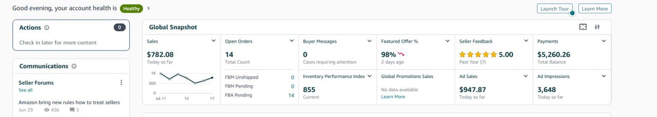 Amazon Seller Central dashboard screenshot